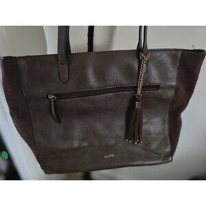 Nice LA DIVA Taupe Grey Leather Handbag TOTE Large Purse w/Tassel Detail VguC